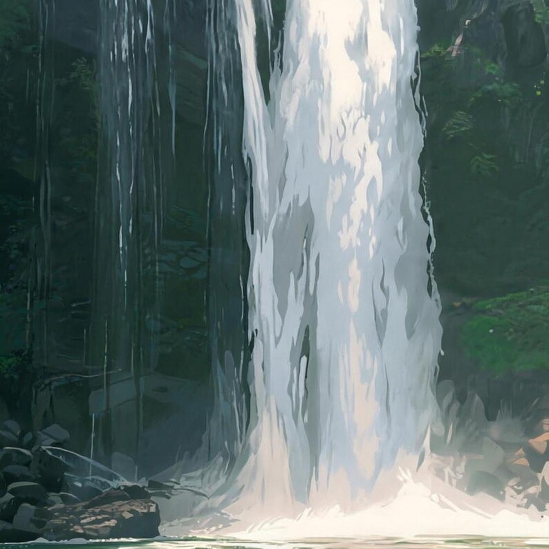 Close-up of the printed design on the bath mat: the waterfall's white spray hitting the pool, with dark rocks and green foliage on either side.