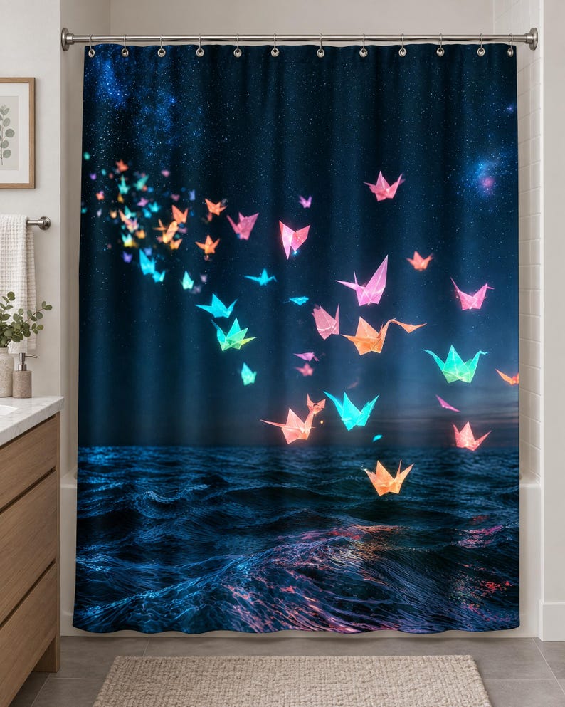 Pu&ograve; includere: Una tenda da doccia con un cielo notturno blu scuro pieno di stelle sopra un oceano blu profondo. Numerose gru origami luminose in tonalit&agrave; vivaci di rosa, arancione, giallo e turchese sono sparse sulla scena, sembrando volare sopra l'acqua.