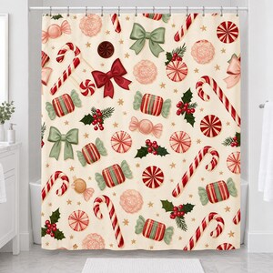 Straight-on front view of the candy cane Christmas shower curtain hanging from a chrome rod over a white tub.