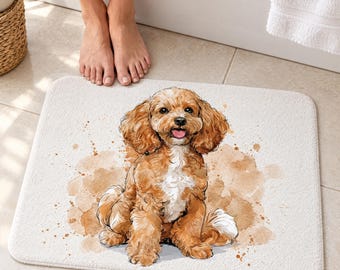 Cavapoo Dog Bath Mat, Watercolor Puppy Art, Dog Bathroom Decor — Dog Mom Gifts