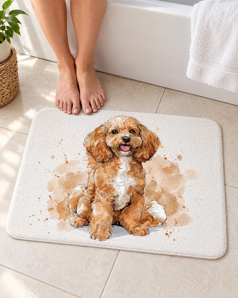 Cavapoo puppy bath mat on a tiled floor in front of a white bathtub: a curly apricot puppy with a white chest sits smiling among tan paint splashes on a white background; bare feet stand on the tile just above the mat.