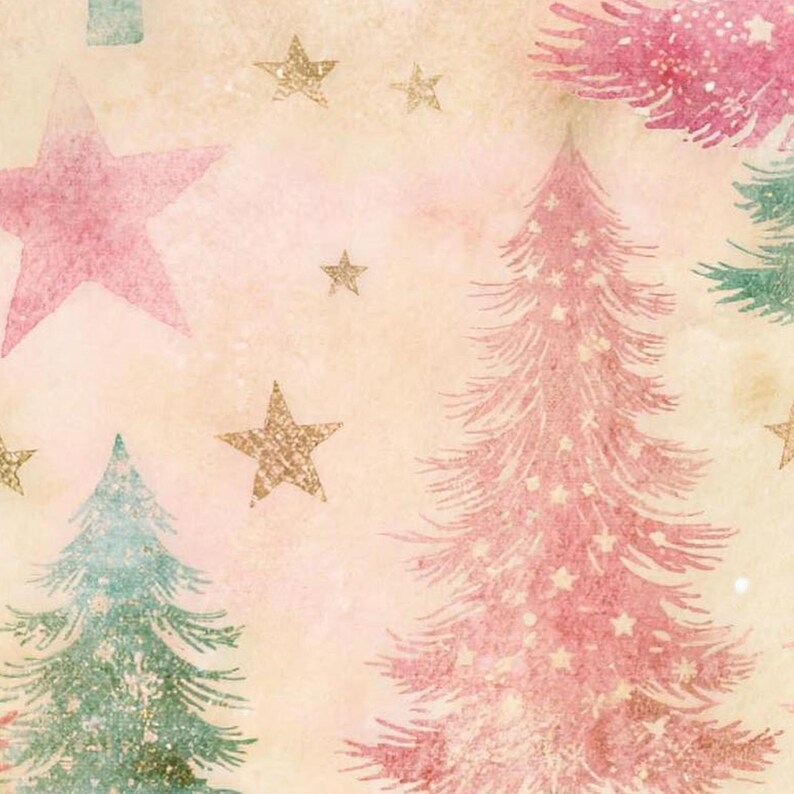 Close-up of the beach towel's print: a pink tree and a sage tree with pink and gold stars on a soft vintage-textured cream and pink background.