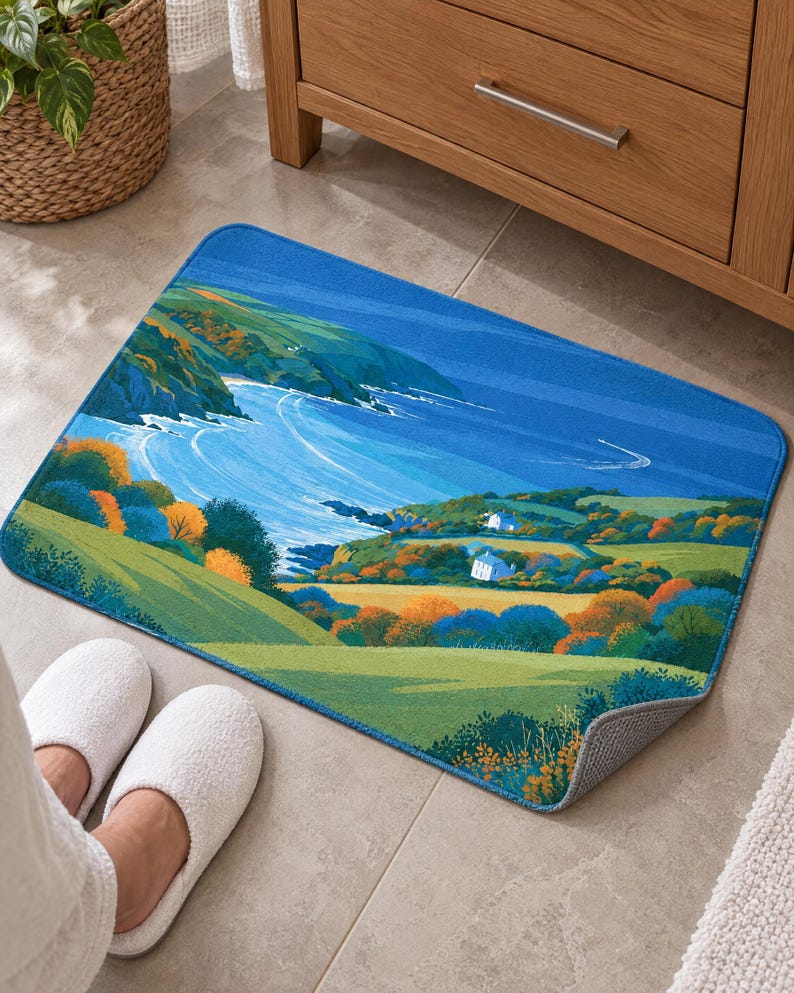 Cliffside cottage bath mat with a blue bay and green hills on a tiled floor by a wooden vanity; feet in white slippers rest on the tile in front and one corner flips up to show the gray anti-slip back.