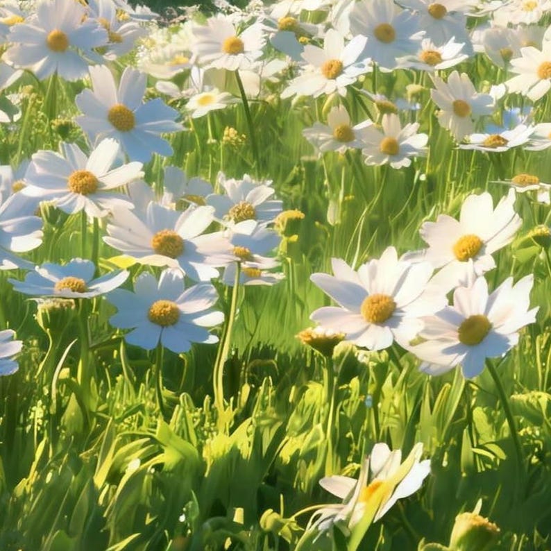 Close-up of the printed design on the beach towel: white daisies with yellow centers on thin stems in sunlit green grass.