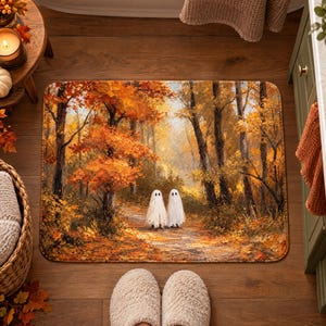 Puede incluir: Una alfombrilla de ba&ntilde;o rectangular con un estampado estilo pintura al &oacute;leo de dos fantasmas blancos sobre un sendero en un bosque lleno de follaje oto&ntilde;al en tonos naranja, amarillo y marr&oacute;n. La alfombra tiene esquinas redondeadas.