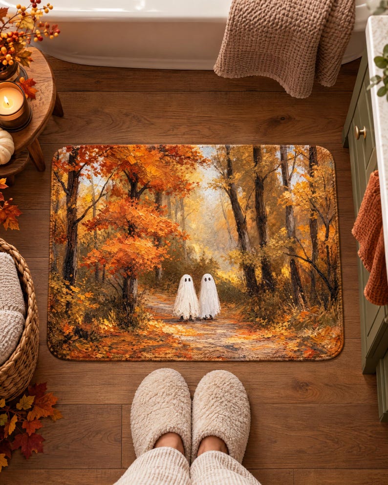 Puede incluir: Una alfombrilla de ba&ntilde;o rectangular con un estampado estilo pintura al &oacute;leo de dos fantasmas blancos sobre un sendero en un bosque lleno de follaje oto&ntilde;al en tonos naranja, amarillo y marr&oacute;n. La alfombra tiene esquinas redondeadas.