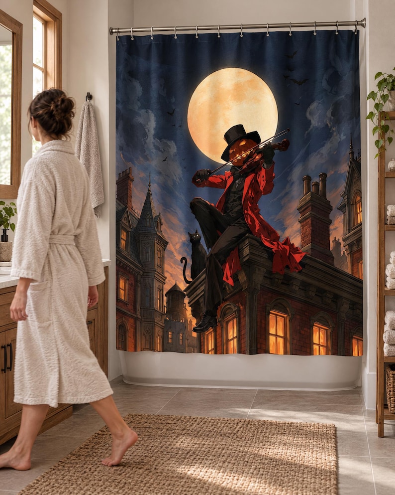 Wider view of a bright bathroom with the pumpkin violinist shower curtain closed across the tub, showing gothic brick towers and glowing windows under a full moon; a woman in a robe walks past barefoot.