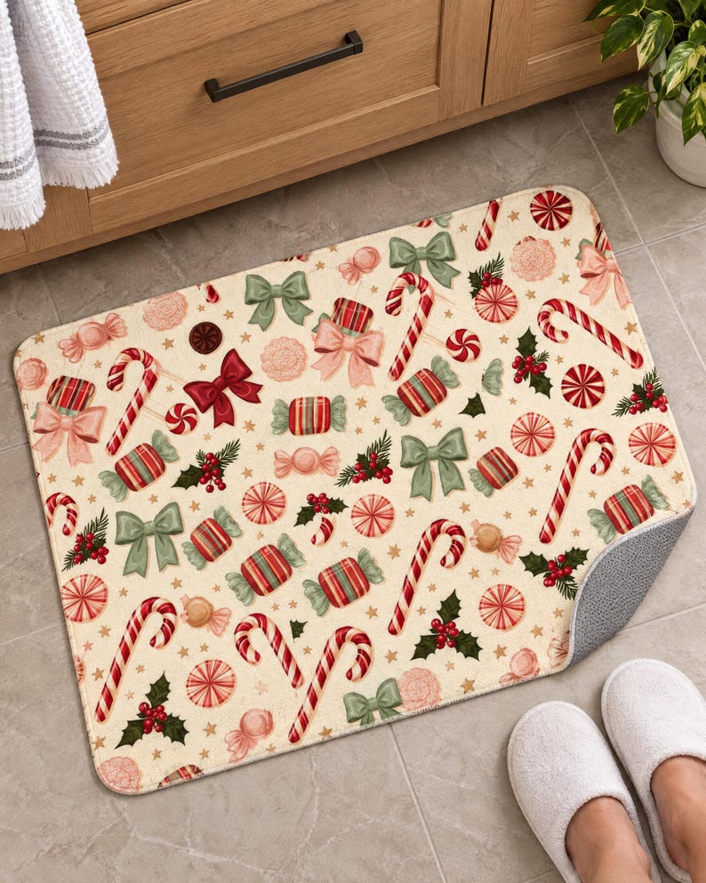 Candy cane Christmas bath mat in front of a wood vanity, one corner turned up to show the gray anti-slip back, with white slippers below.