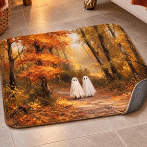 Alfombra de baño otoñal, alfombra de baño fantasma, linda sábana fantasma, arte de bosque otoñal, decoración de baño de Halloween