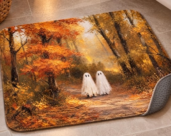Alfombra de baño otoñal, alfombra de baño fantasma, linda sábana fantasma, arte de bosque otoñal, decoración de baño de Halloween
