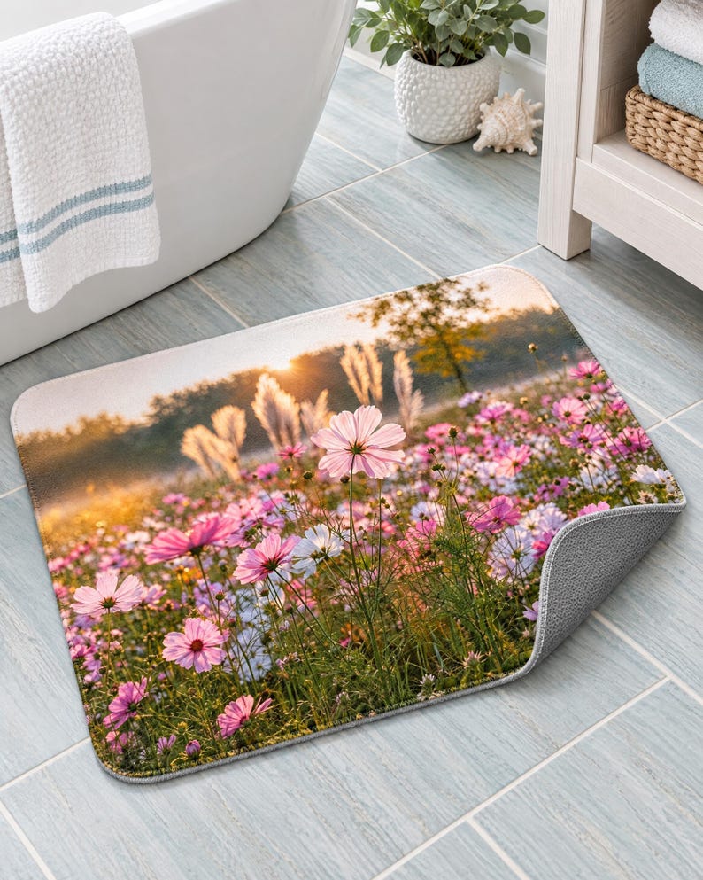 Peut inclure: Un tapis de bain rectangulaire orn&eacute; d'une impression photographique repr&eacute;sentant une prairie ensoleill&eacute;e remplie de fleurs de cosmos roses et de hautes herbes. L'image capture une lueur dor&eacute;e de lever de soleil sur le champ.