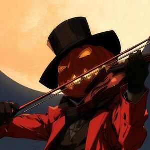 Close-up of the printed design on the beach towel: a pumpkin head with glowing carved eyes under a black top hat, a violin and bow, and a red coat against the full moon.