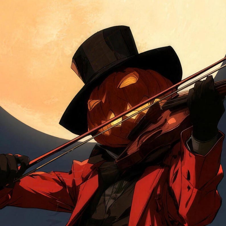 Close-up of the printed design on the beach towel: a pumpkin head with glowing carved eyes under a black top hat, a violin and bow, and a red coat against the full moon.