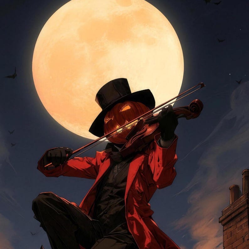 Close-up of the printed design on the bath mat: a pumpkin-headed violinist in a black top hat and red coat playing under a large full moon, with bats and a brick chimney.