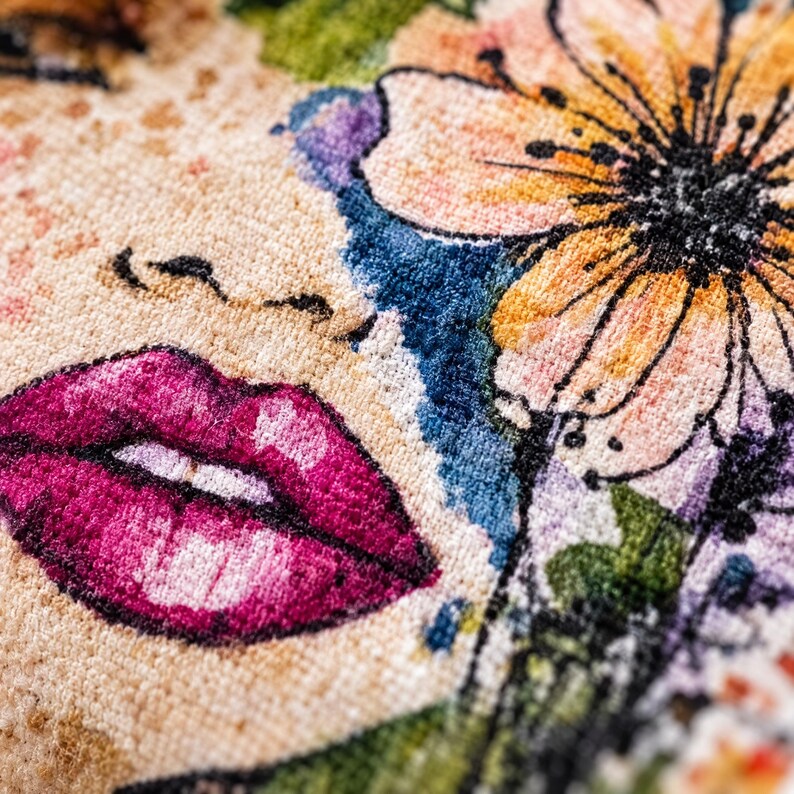 May include: A textile surface featuring a detailed embroidered illustration of a face with vibrant magenta lips, a large peach and yellow flower with black outlines, and green foliage accents against a textured beige background.
