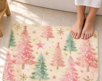 Pink Christmas Tree Bath Mat, Vintage Pink Christmas Bathroom Rug, Sage Trees, Stars and Snowflakes — Hostess Gift