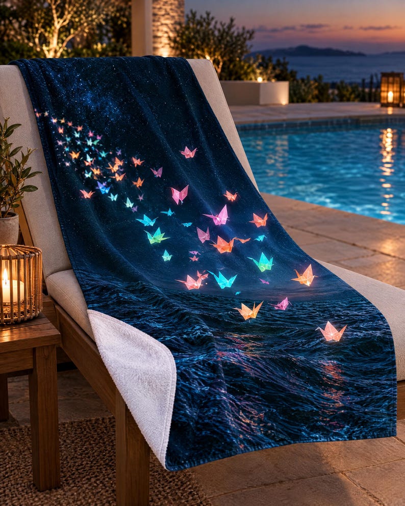 May include: A rectangular beach towel featuring a dark blue night sky and ocean scene. The design displays numerous glowing, multi-coloured origami cranes floating upward from the water towards a starry expanse, with a white underside visible.