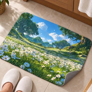 Daisy meadow bath mat with a big leafy tree and blue sky on a tiled floor by a wooden vanity; feet in white slippers rest on the tile in front and one corner flips up to show the gray anti-slip back.