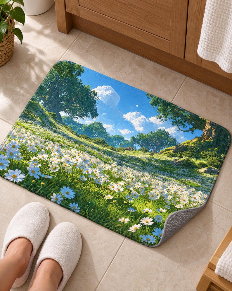 Daisy meadow bath mat with a big leafy tree and blue sky on a tiled floor by a wooden vanity; feet in white slippers rest on the tile in front and one corner flips up to show the gray anti-slip back.