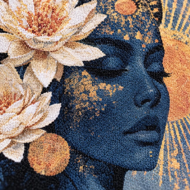 K&ouml;nnte beinhalten: Ein Punch-Needle-Textilkunstwerk, das das Profil eines Gesichts in tiefem Blau mit goldenen Sprenkeln zeigt. Zwei gro&szlig;e, geschichtete wei&szlig;e und orangefarbene Lotusbl&uuml;ten befinden sich auf der linken Seite, w&auml;hrend rechts ein strahlendes Sonnendesign ist.