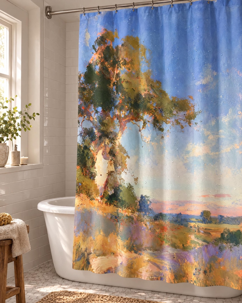 May include: A shower curtain featuring an impressionistic landscape painting of a large tree with golden and green foliage set against a bright blue sky. The scene includes a rolling field with warm yellow, orange, and purple tones at the base.