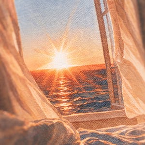 May include: A woven textile wall hanging featuring a detailed scene of a sunset over the ocean viewed through an open window. The image displays a bright orange sun, a dark blue sea with light reflections, and sheer curtains framing the window view.