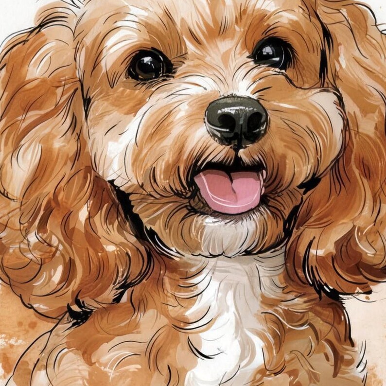 Close-up of the printed design on the bath mat: the puppy's face with shiny dark eyes, a black nose, pink tongue, floppy curly ears and a white chest patch.