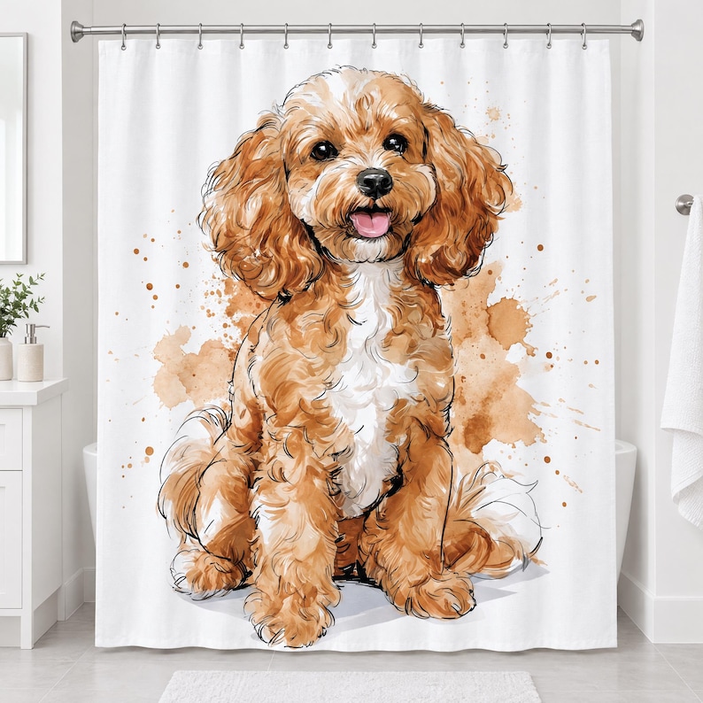 Straight-on view of the whole Cavapoo shower curtain hanging in a white bathroom, showing the seated curly apricot puppy with a white chest and four paws, framed by tan paint splashes on a white background.