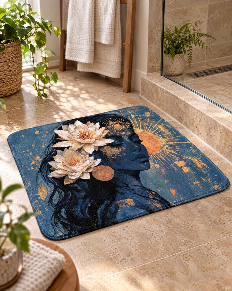 May include: A rectangular bath mat featuring a dark blue background with a profile illustration of a person adorned with two large white lotus flowers in their hair, accented by golden sun motifs and scattered gold leaf textures across the surface.