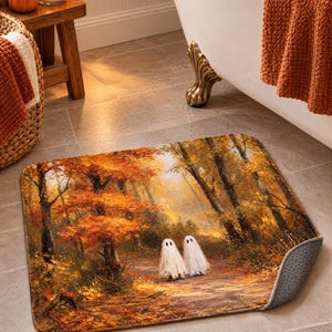 Puede incluir: Una alfombrilla de ba&ntilde;o rectangular con un estampado estilo pintura al &oacute;leo de dos fantasmas blancos en un sendero de bosque oto&ntilde;al con follaje naranja y amarillo. La alfombrilla tiene esquinas redondeadas y una base gris antideslizante.