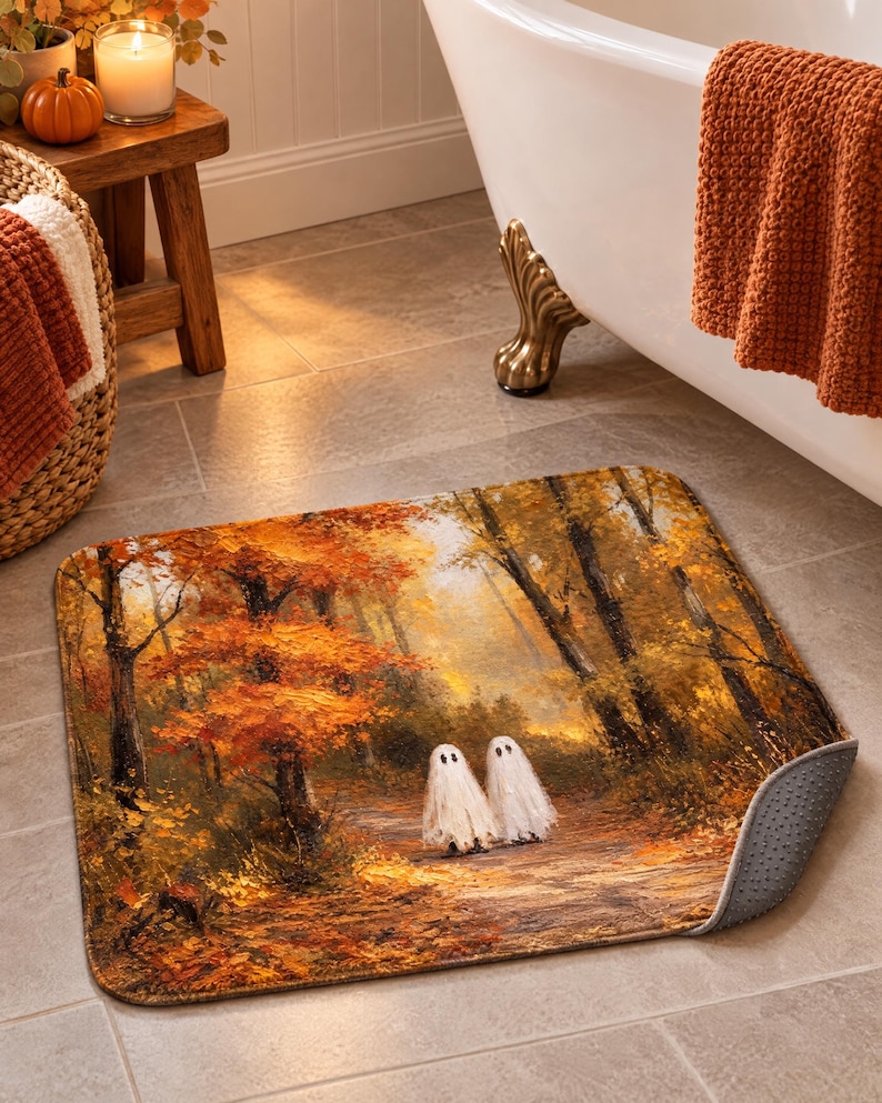 Puede incluir: Una alfombrilla de ba&ntilde;o rectangular con un estampado estilo pintura al &oacute;leo de dos fantasmas blancos en un sendero de bosque oto&ntilde;al con follaje naranja y amarillo. La alfombrilla tiene esquinas redondeadas y una base gris antideslizante.