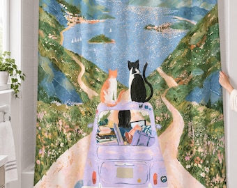 Cat Shower Curtain, Funny Cats in Vintage Car Art, Whimsical Coastal Road Trip — Cat Lover Gift