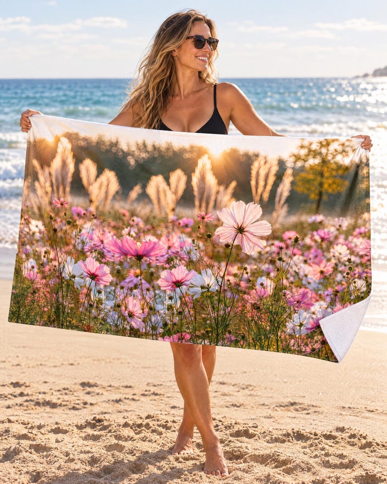 Floral Beach Towel, Pink Cosmos Flower Field Photo Art, Golden Hour Garden Decor — Garden Lover Gift bild 1