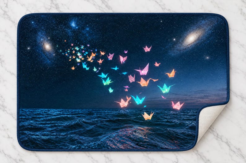 May include: A rectangular bath mat featuring a dark blue night sky filled with stars and galaxies above a dark ocean. A flock of glowing, multi-coloured origami cranes in shades of pink, orange, and blue flies across the scene.