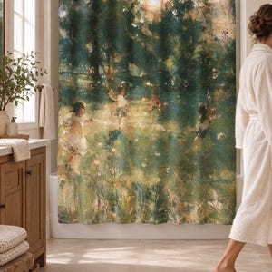 Wider view of a bright bathroom with the impressionist garden shower curtain closed across the tub, a wooden vanity with folded towels to the left and a woman in a white robe walking past barefoot on a woven rug.