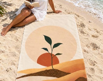 Boho Beach Towel, Minimalist Sun and Plant Art, Earth Tone Mid Century Decor — Housewarming Gift