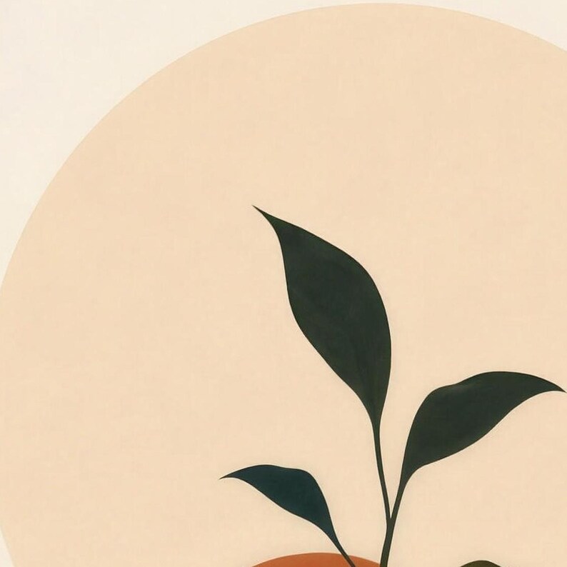 Close-up of the printed design on the bath mat: dark green seedling leaves against the pale sun circle, with the top of the terracotta sun at the bottom edge.