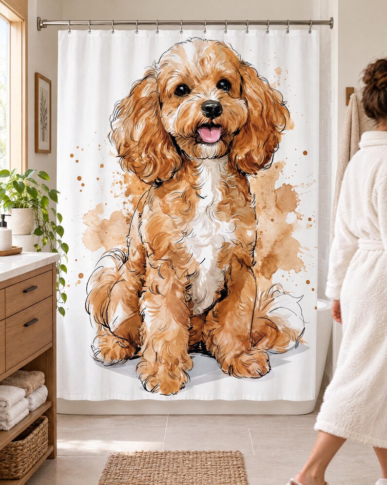 Wider view of a bright bathroom with the watercolor Cavapoo shower curtain closed across the tub, a wooden vanity and plant to the left and a woman in a white robe walking past barefoot on a woven rug.