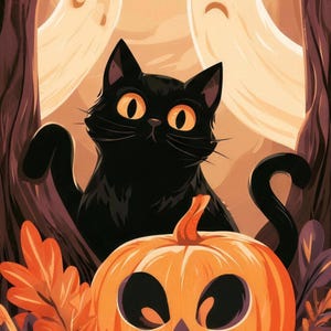 Close-up of the printed design on the bath mat: a black cat with big amber eyes behind a carved jack-o'-lantern, with two ghosts and dark tree trunks behind it.