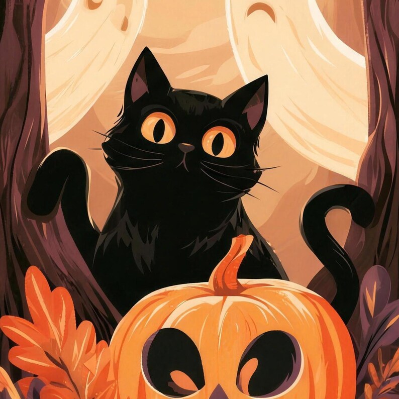 Close-up of the printed design on the bath mat: a black cat with big amber eyes behind a carved jack-o'-lantern, with two ghosts and dark tree trunks behind it.