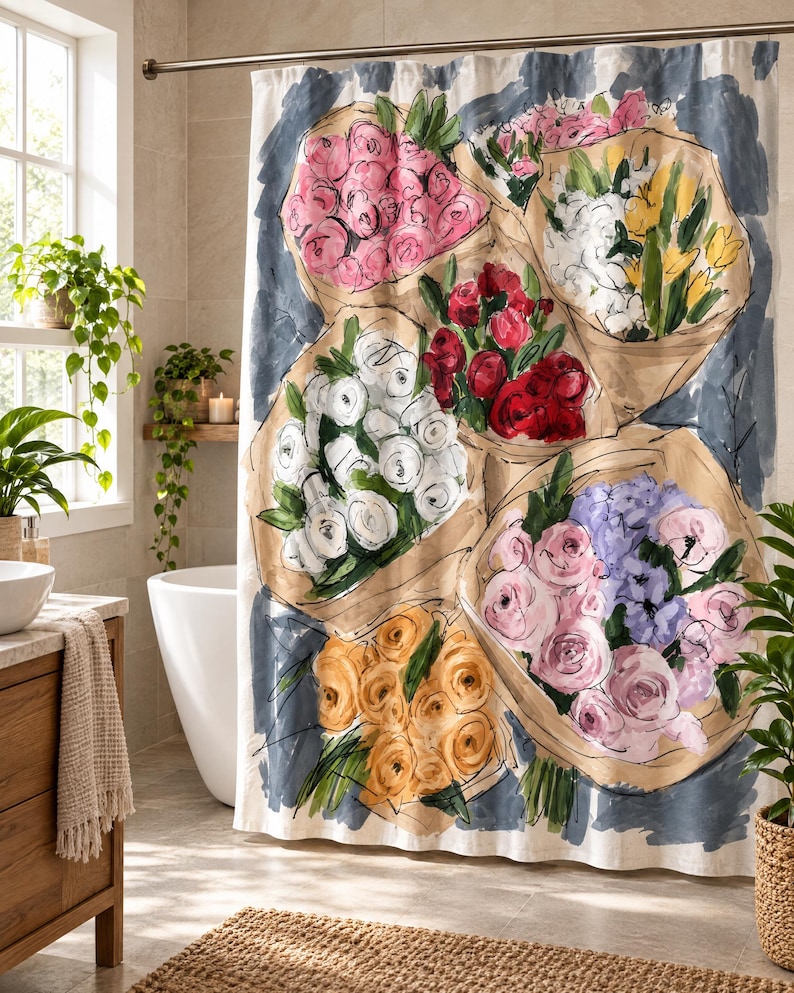 Pu&ograve; includere: Una tenda da doccia con una stampa in stile acquerello di diversi bouquet di fiori avvolti in carta marrone. I bouquet includono fiori rosa, bianchi, rossi, gialli e viola su uno sfondo blu scuro con texture a pennellate visibili.