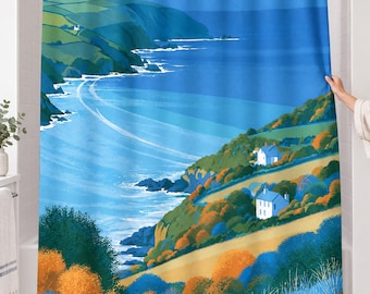 Coastal Shower Curtain, Blue Sea Cliff Cottage Art, Beach House Decor — Housewarming Gift
