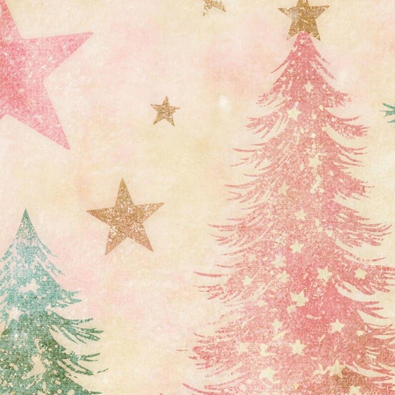 Close-up of the bath mat's print: a pink tree with a gold star on top, a sage tree and pink and gold stars on a vintage-textured cream and pink background.