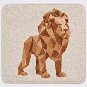 May include: A square rug with a cream-coloured background featuring a geometric lion design in shades of brown and tan. The lion is composed of various triangular shapes, creating a faceted appearance. The rug has rounded corners and a stitched border.