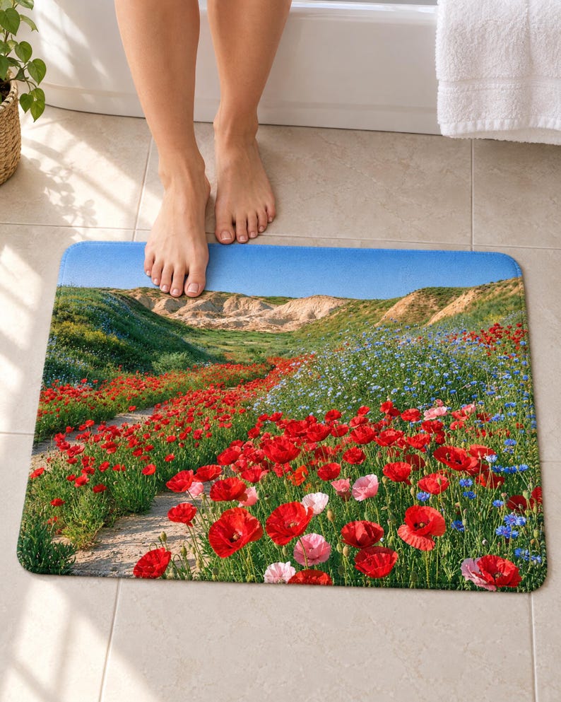 Red poppy field bath mat on a tiled floor in front of a white bathtub, showing poppies and blue wildflowers along a sandy path below pale hills and blue sky; bare feet step onto the top edge nearest the tub.