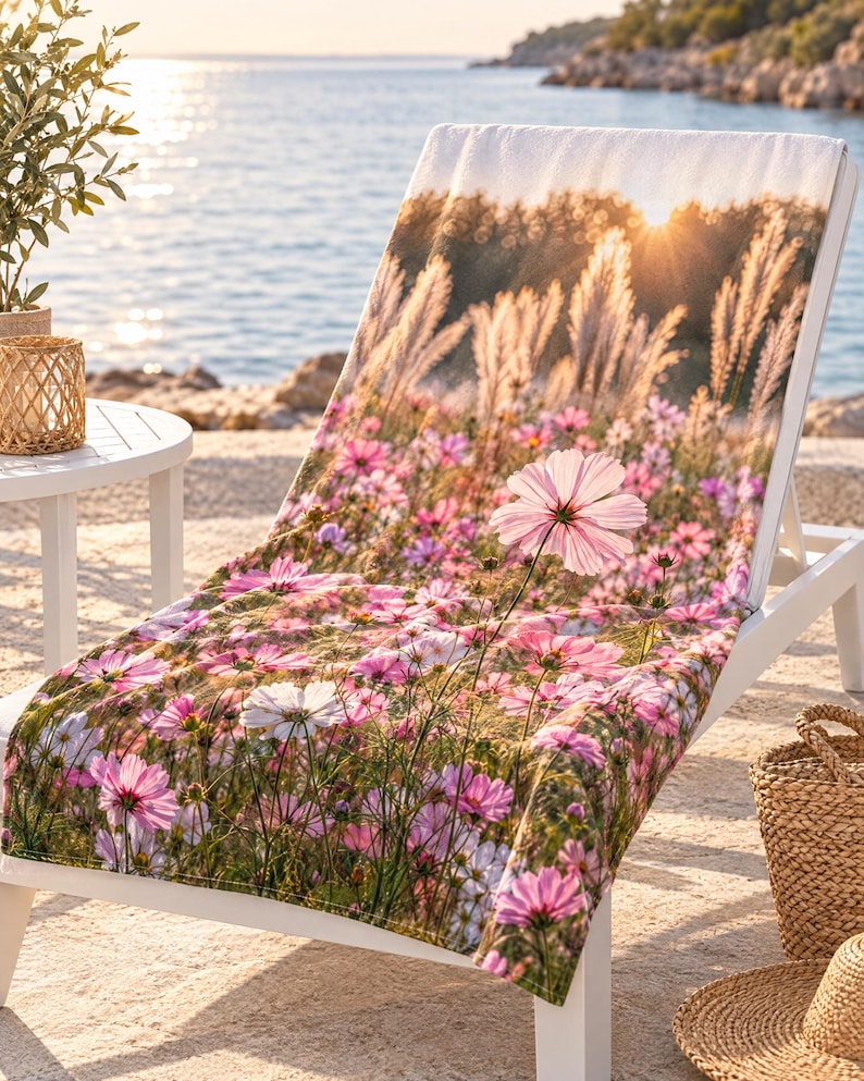 Floral Beach Towel, Pink Cosmos Flower Field Photo Art, Golden Hour Garden Decor — Garden Lover Gift bild 2