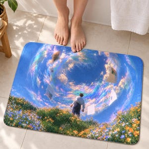 Swirling cloud sky bath mat on a tiled floor in front of a white bathtub: a man in a white shirt stands in orange and blue wildflowers under a spiral of iridescent clouds and floating pages; bare toes touch the top edge.