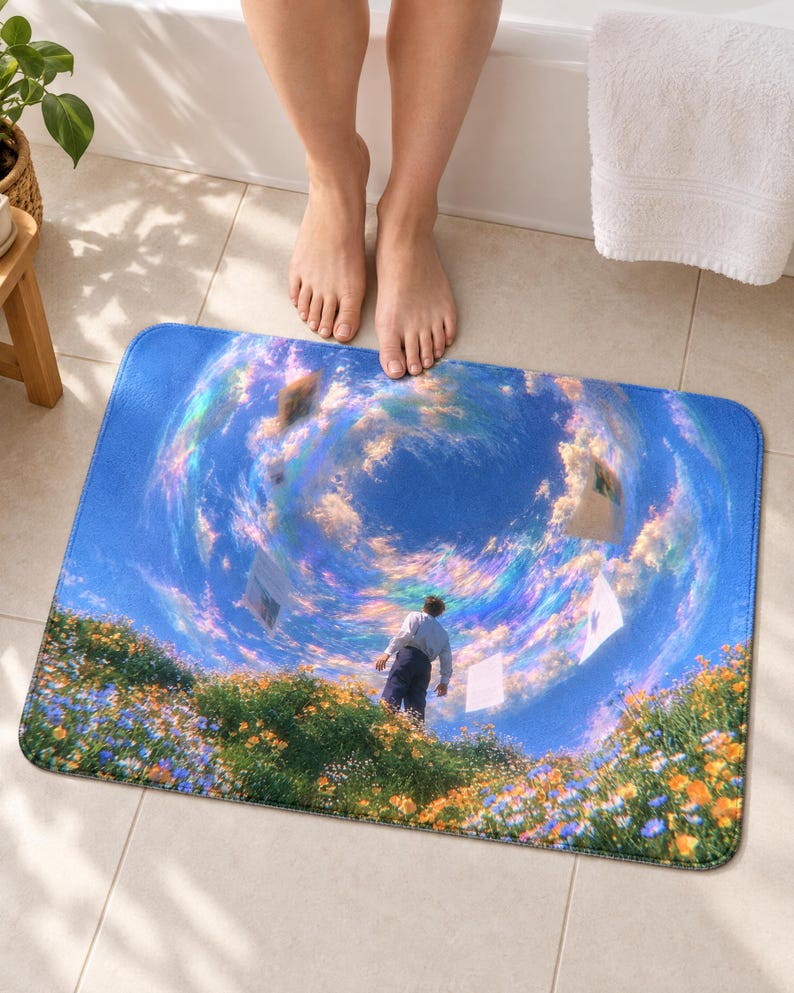 Swirling cloud sky bath mat on a tiled floor in front of a white bathtub: a man in a white shirt stands in orange and blue wildflowers under a spiral of iridescent clouds and floating pages; bare toes touch the top edge.