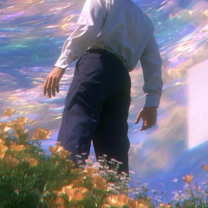 Close-up of the printed design on the shower curtain: the man's white shirt and dark trousers from the shoulders down, standing in orange flowers against shimmering pink and blue clouds.