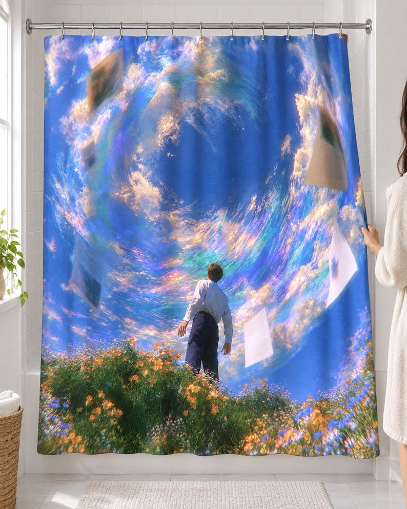 Surreal swirling sky shower curtain over a bathtub in a white-tiled bathroom: a man in a white shirt stands in a wildflower meadow beneath a huge spiral of rainbow-tinted clouds and floating pages; a woman pulls back the right edge.
